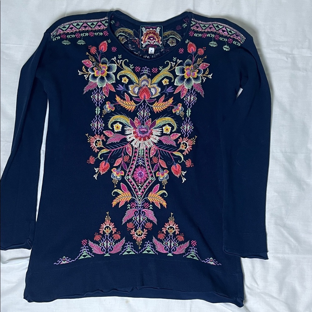 Johnny Was Navy Floral Embroidered Thermal Henley